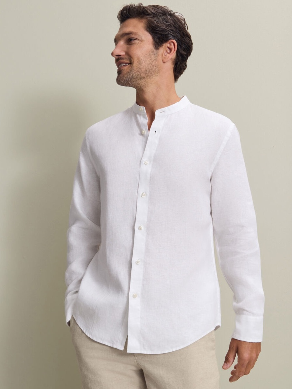 CHARLES TYRWHITT Collarless Cotton-Linen Slim-Fit Shirt in White - XL